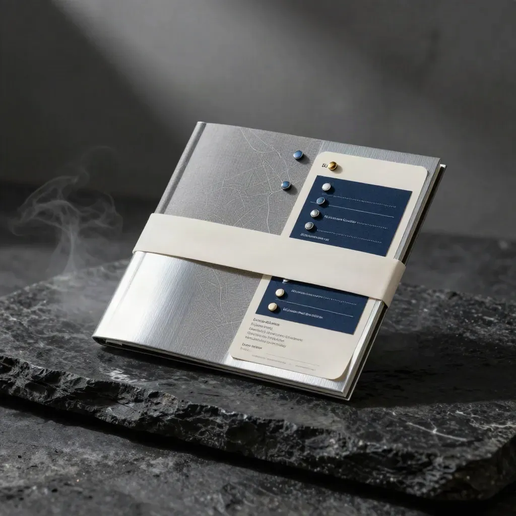 Floating local SEO folio with map pins and route card over wet basalt, steam rising.