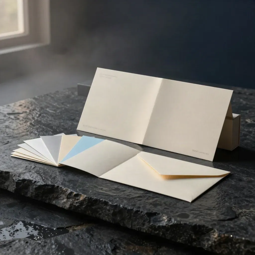Dramatic brand launch kit box with boards, colour chips and envelope on rain-dark slate.