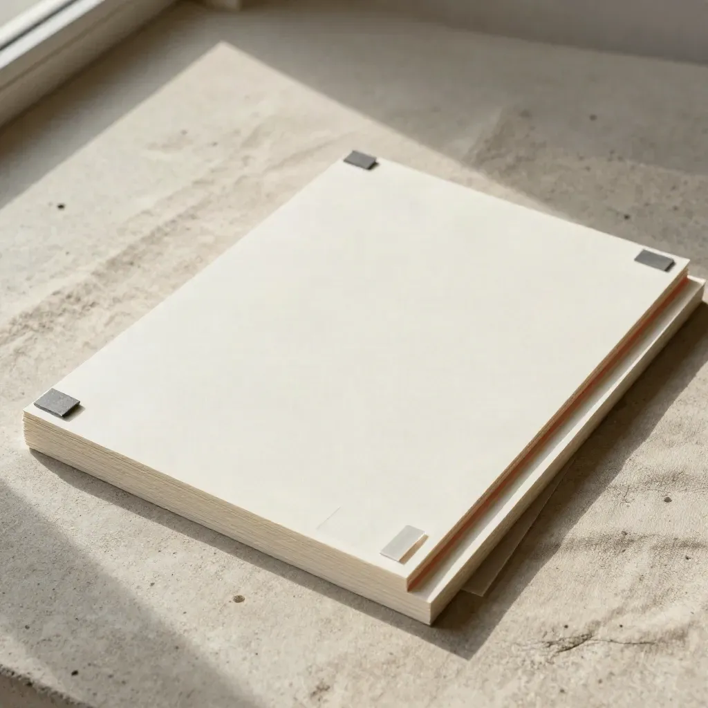 Overhead flatlay of layered paper boards, alignment blocks and a coral proof strip on linen