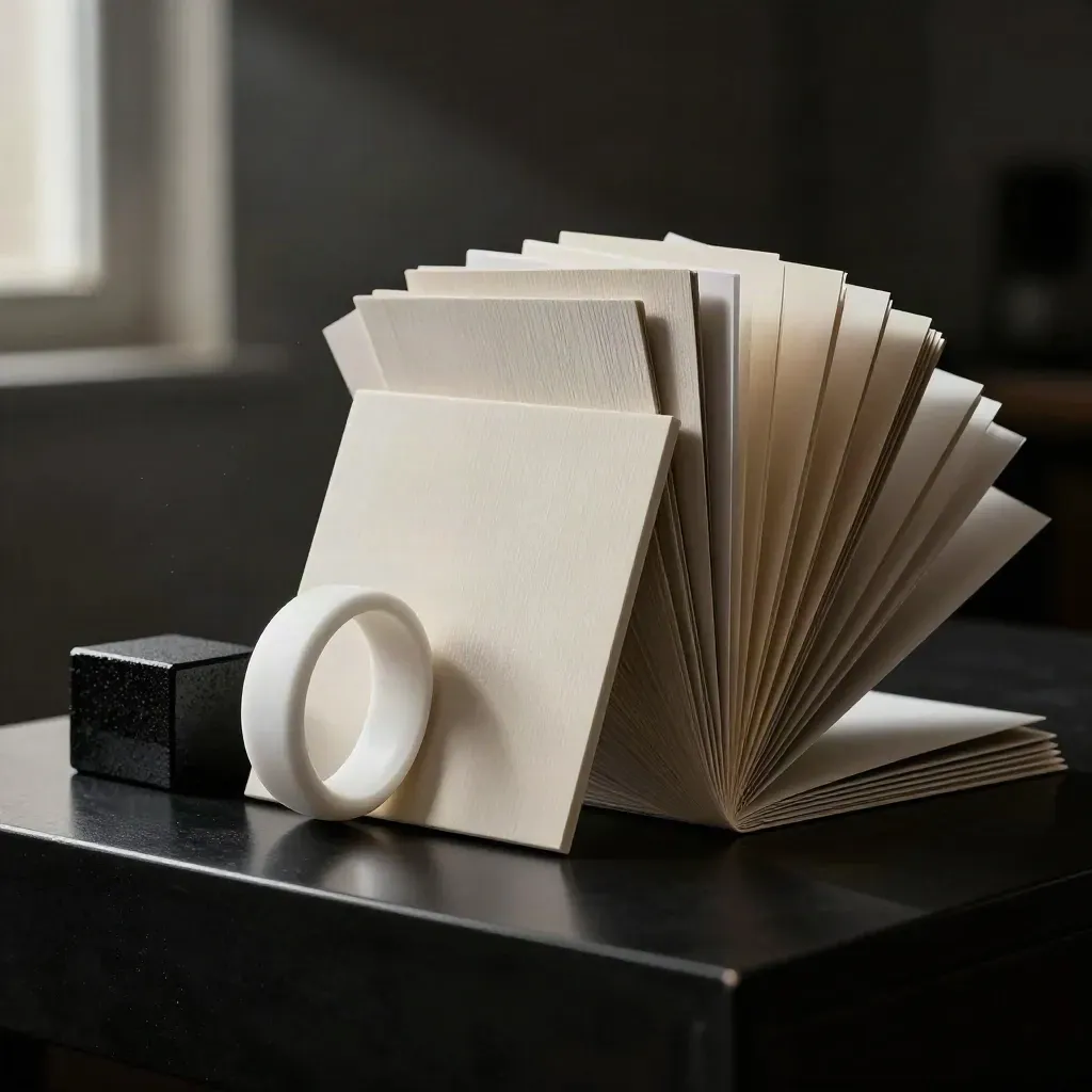 Luxury brand identity kit with swatches, logo tile, ink block and sample sheets on a dark plinth.