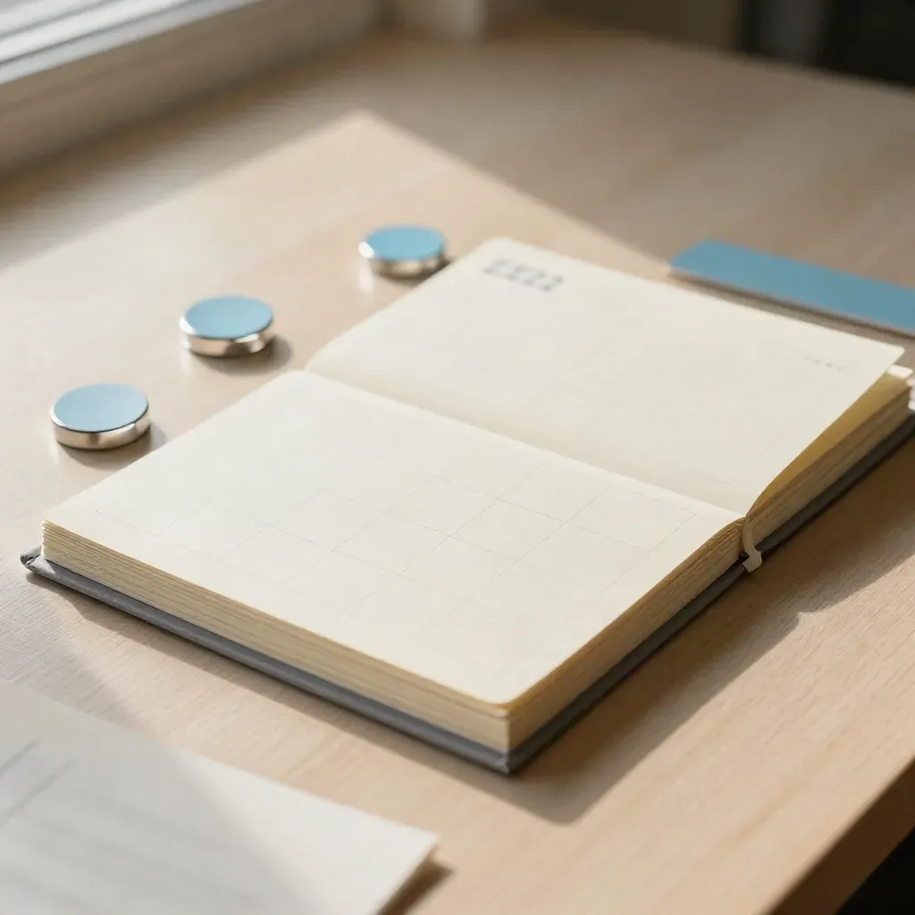 Planning kit with month-grid cards, note slips and sky-blue chips on pale wood
