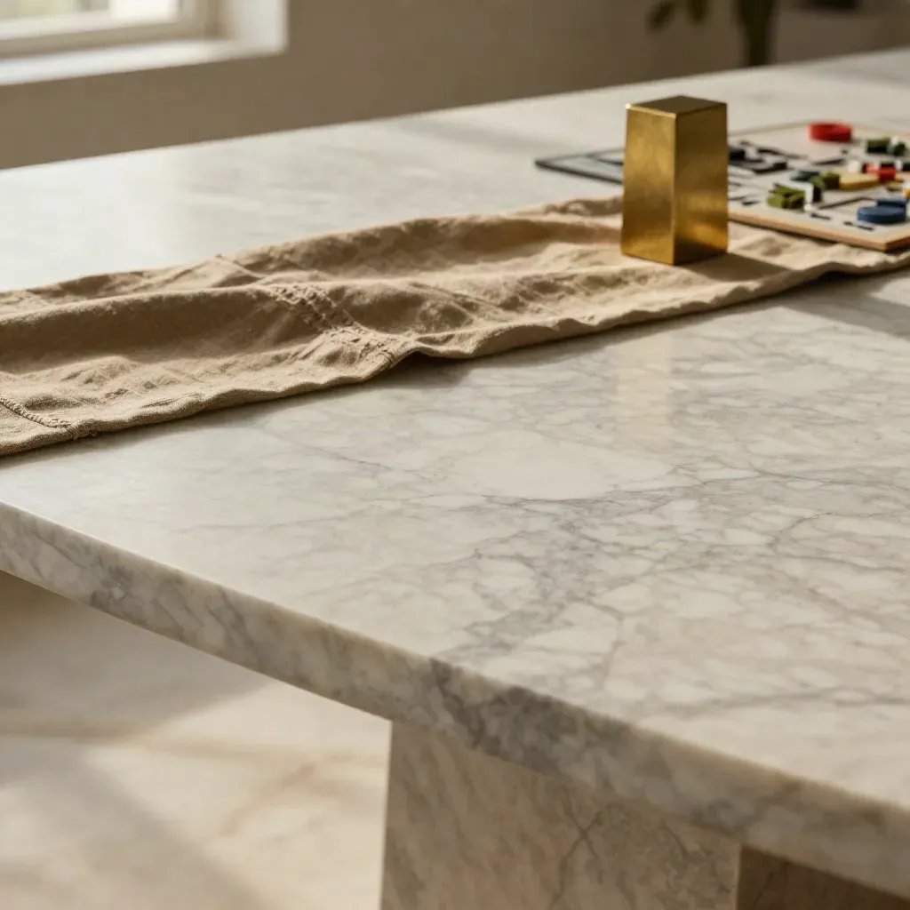 Marble tabletop with khaki linen and brushed brass, lit by soft morning light and haze.