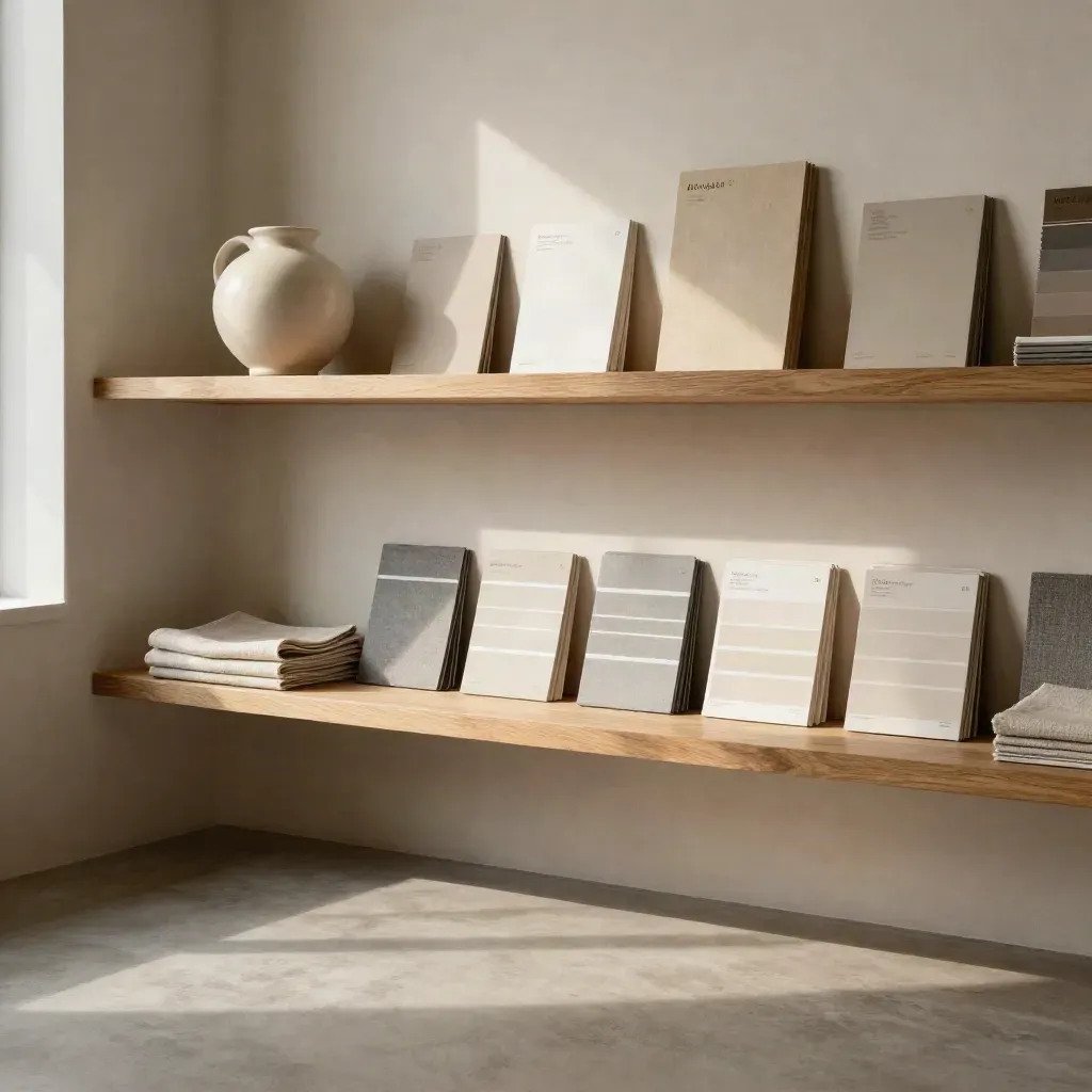 Warm design studio corner with oak shelves, ceramic vessel, and neutral swatch boards in soft sun.